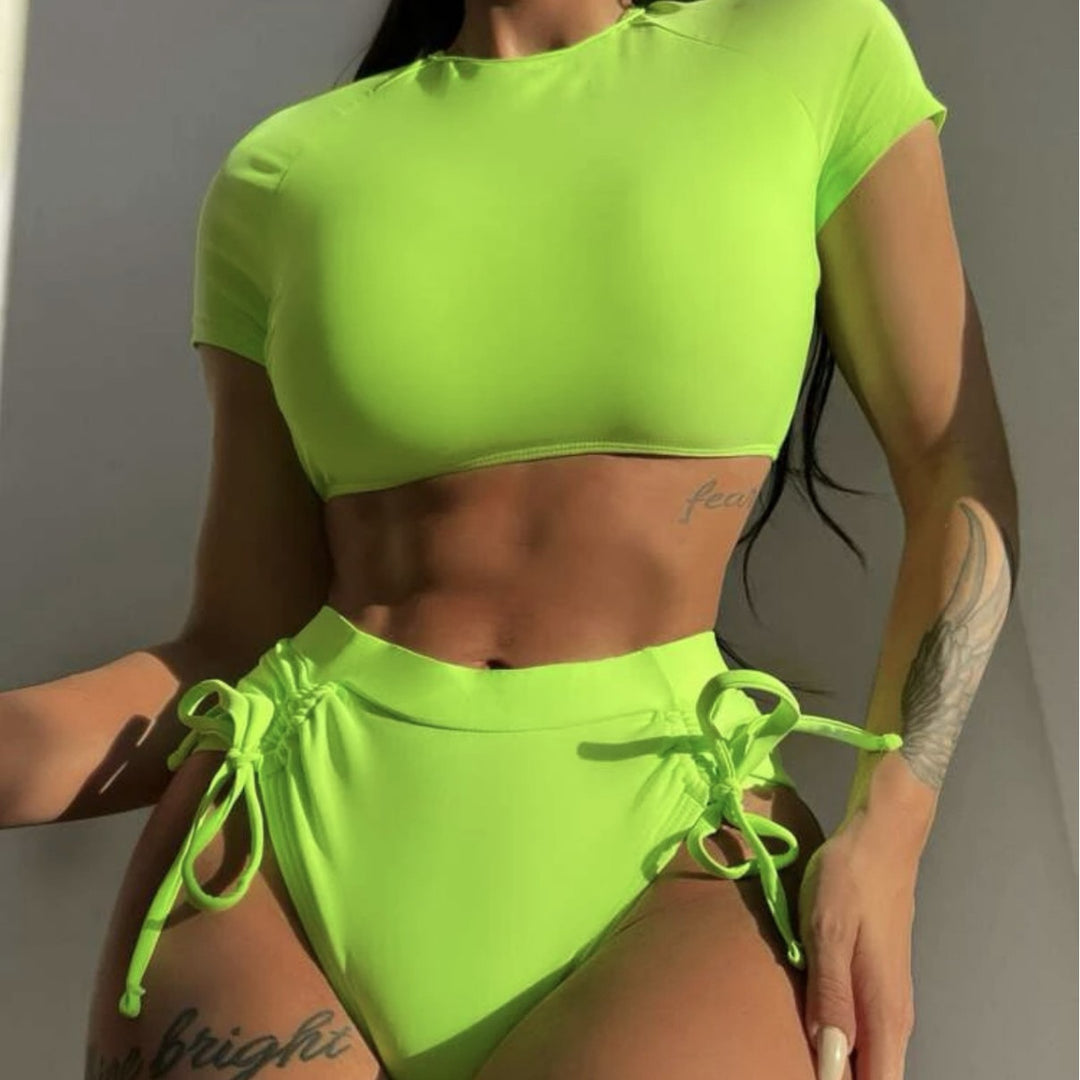Damen Sportliches Bikini-Set mit hohem Bund und dekorativen Bindebändern EB
