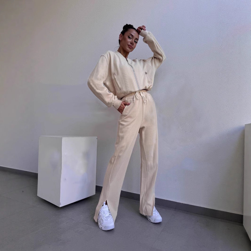 Damen Loungewear-Set mit Kurzzip-Jacke und High‑Waist‑Jogginghose mit Seitenschlitz EB