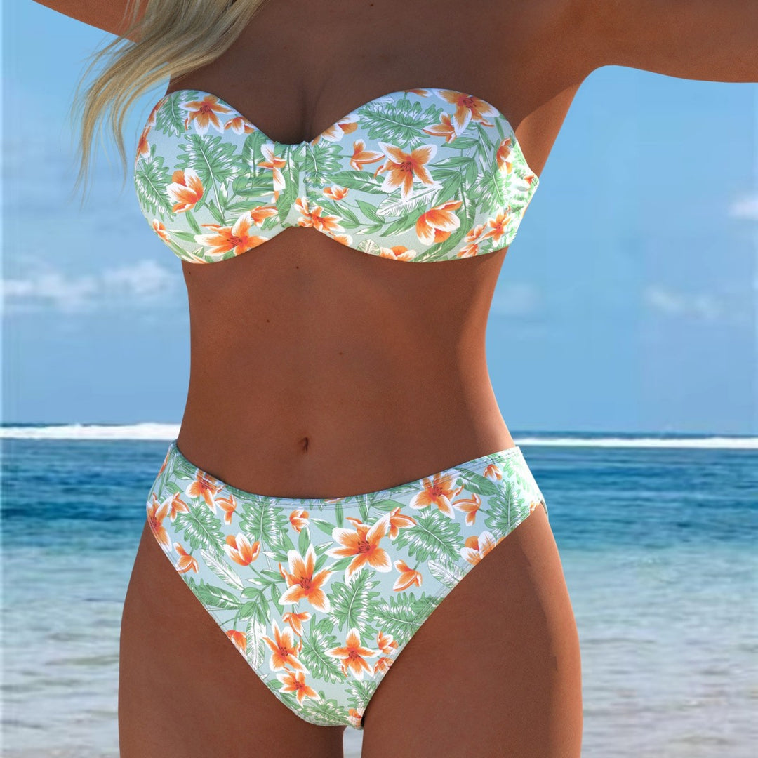 Damen Bandeau-Bikini mit einzigartigem Federmuster und hohem Taillenschnitt EB