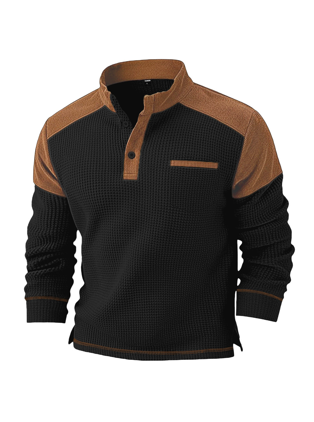 Herren nan Waffelstrick-Henley mit Stehkragen, Cord-Schulterpasse und Brustpaspel EB
