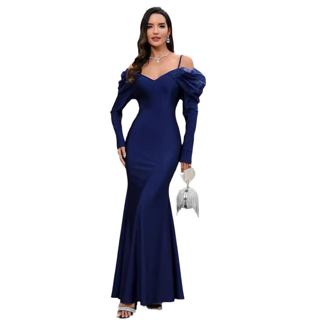 Damen Elegantes Maxikleid mit Steckkragen und schulterfreiem Design EB