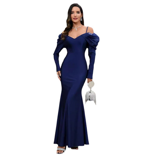 Damen Elegantes Maxikleid mit Steckkragen und schulterfreiem Design EB