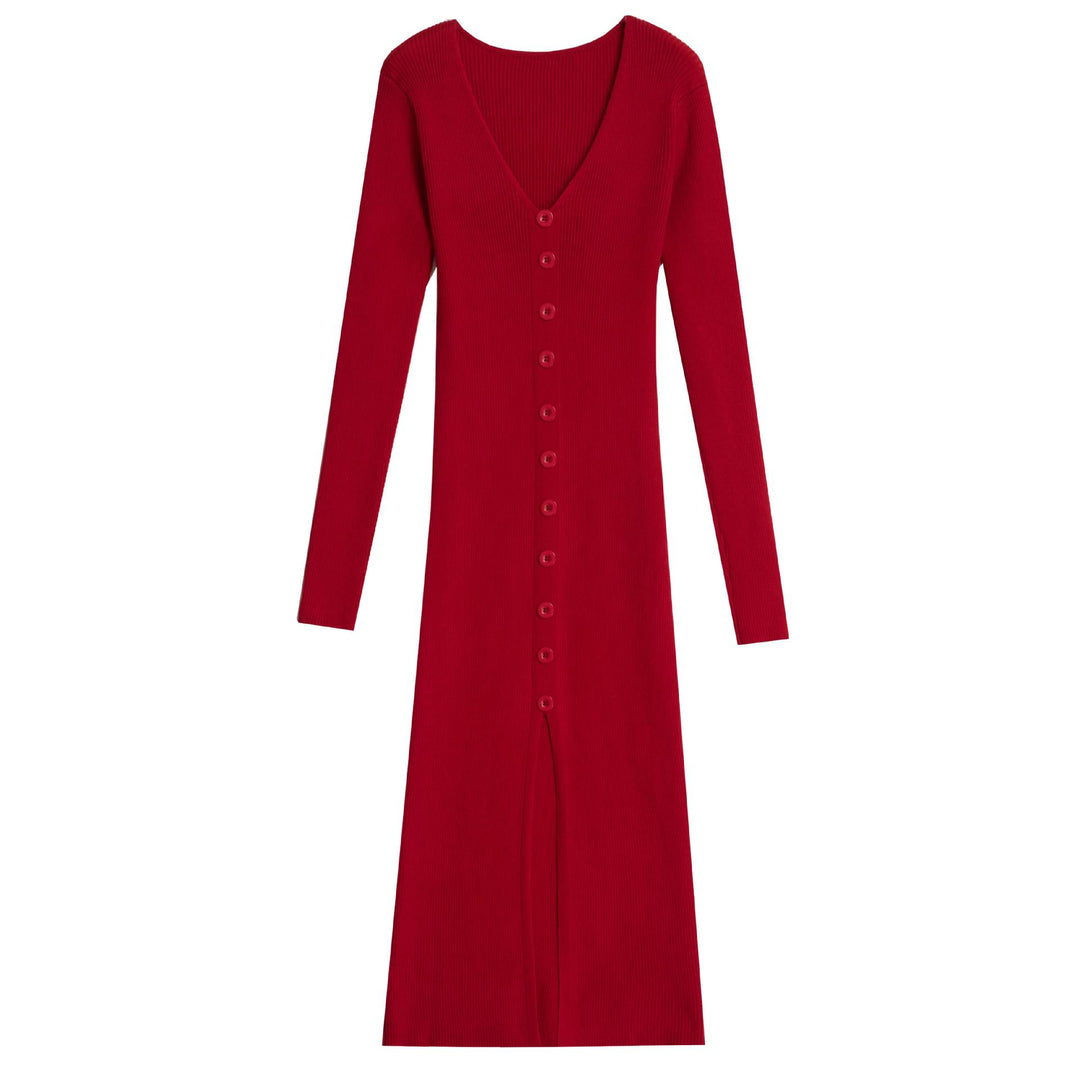 Damen Langärmliges Maxikleid mit Rippstruktur und Knopfdetail EB