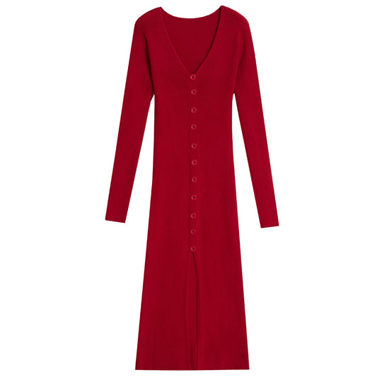 Damen Langärmliges Maxikleid mit Rippstruktur und Knopfdetail EB