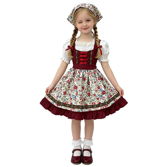 Damen nan traditionelles Kinderdirndl mit Schürze Haarband Spitzenbluse und Zierschnürung EB