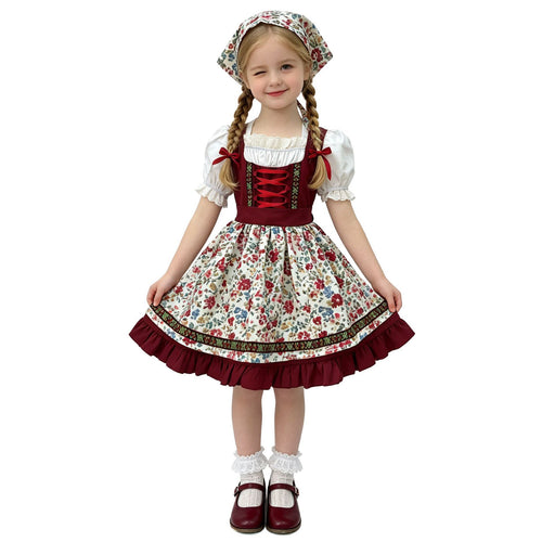 Damen nan traditionelles Kinderdirndl mit Schürze Haarband Spitzenbluse und Zierschnürung EB
