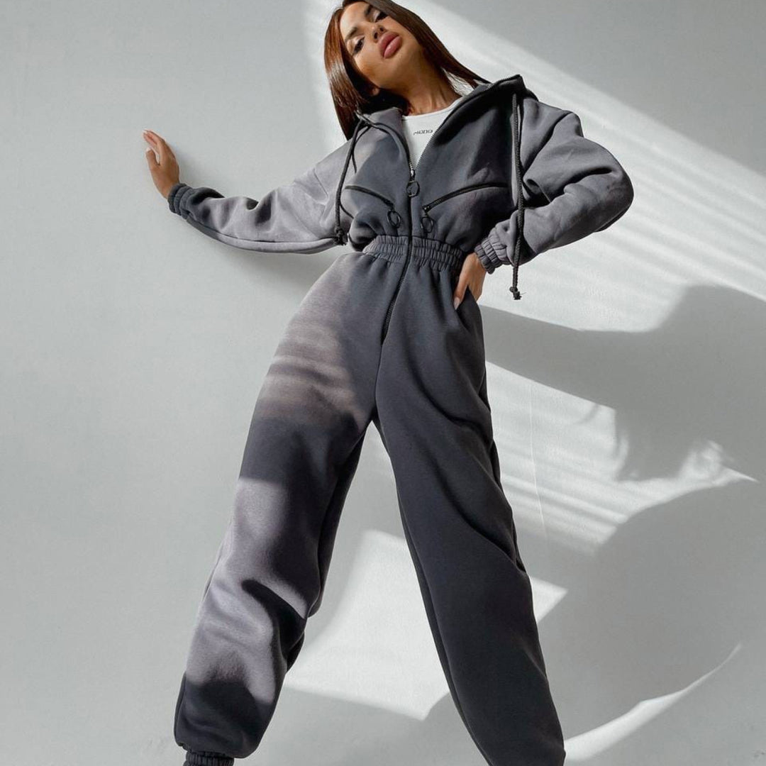 Damen taillierter Kapuzen-Jumpsuit mit elastischem Bund und markanten Kontrast-Reißverschlüssen EB
