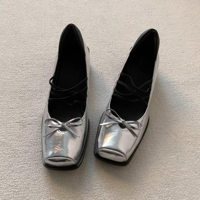 Damen elegante Ballerinas mit moderner Metalloberfläche und bequemem Blockabsatz EB