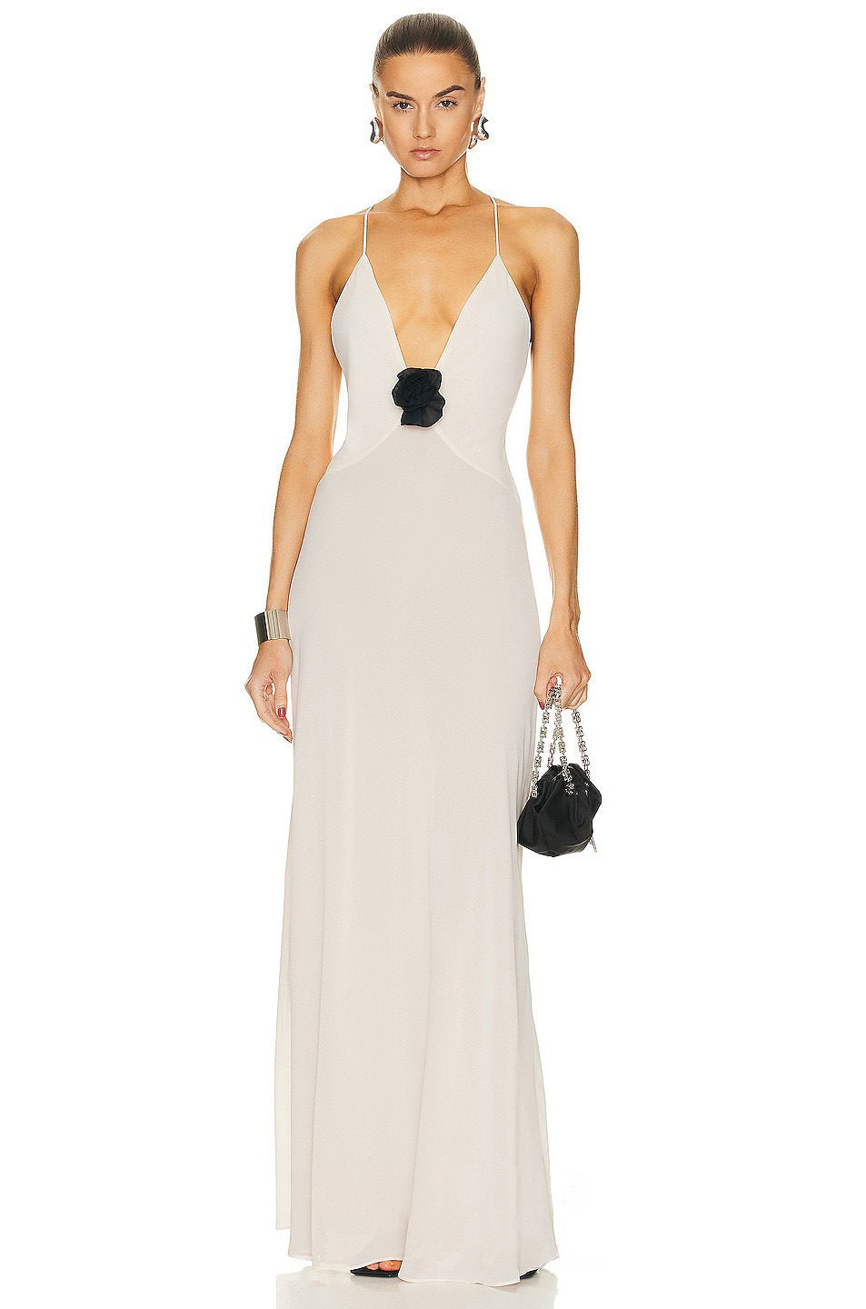Damen Elegantes Maxikleid mit tiefem V-Ausschnitt und zarter Blumenapplikation EB
