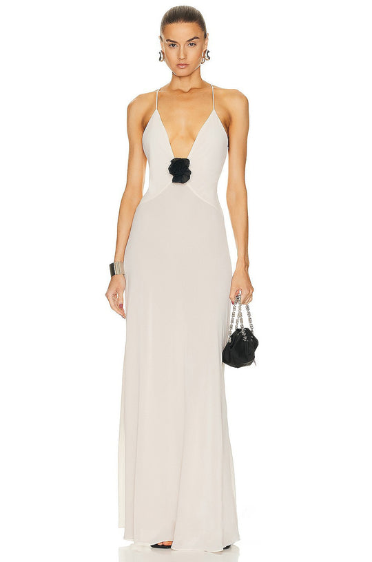 Damen Elegantes Maxikleid mit tiefem V-Ausschnitt und zarter Blumenapplikation EB
