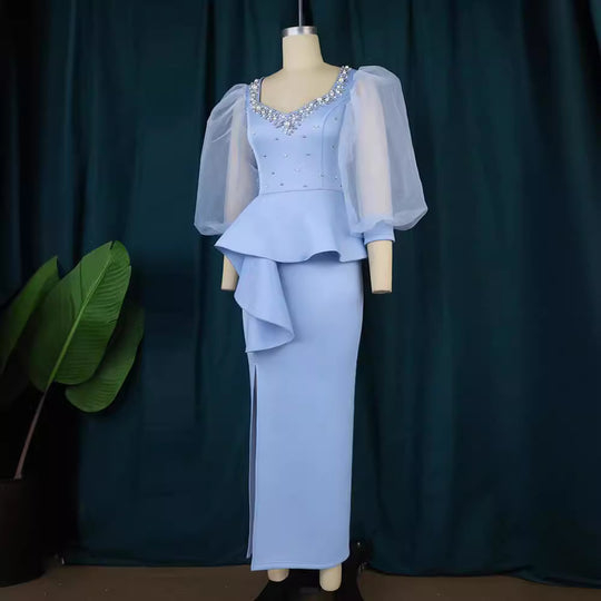 Damen Elegantes Abendkleid mit funkelnden Perlen und voluminösen Tüllärmeln EB