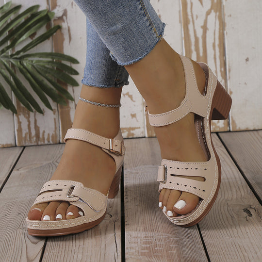 Damen modische Sandaletten mit eleganter Schnalle und Holz-Blockabsatz EB
