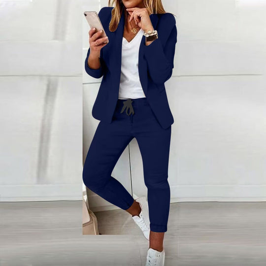 Damen nan lässiges Hosenanzug-Set mit Joggerhose, Kordelzug und tailliertem Blazer EB