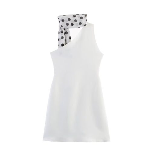 Damen Hängerkleid mit asymmetrischem Ausschnitt und stilvollem Punkteschal EB