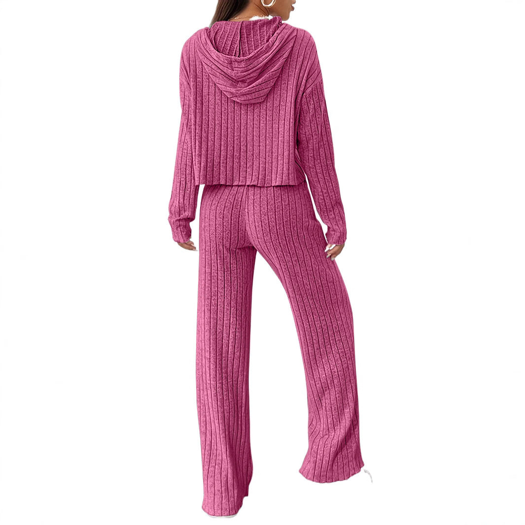 Damen lässiges Strick-Lounge-Set mit Kapuze und weitem Schnitt EB