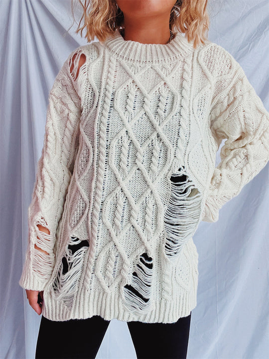 Damen Grobstrickpullover mit einzigartigem Zopfmuster und ausgefransten Details EB