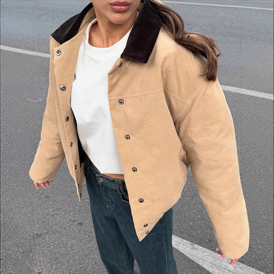 Damen modische Oversized-Jacke mit Samtkragen und Druckknopfverschluss EB