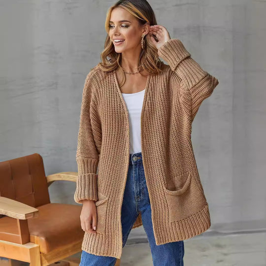 Damen Lange Strickjacke mit lockerer Passform und praktischen Taschen EB