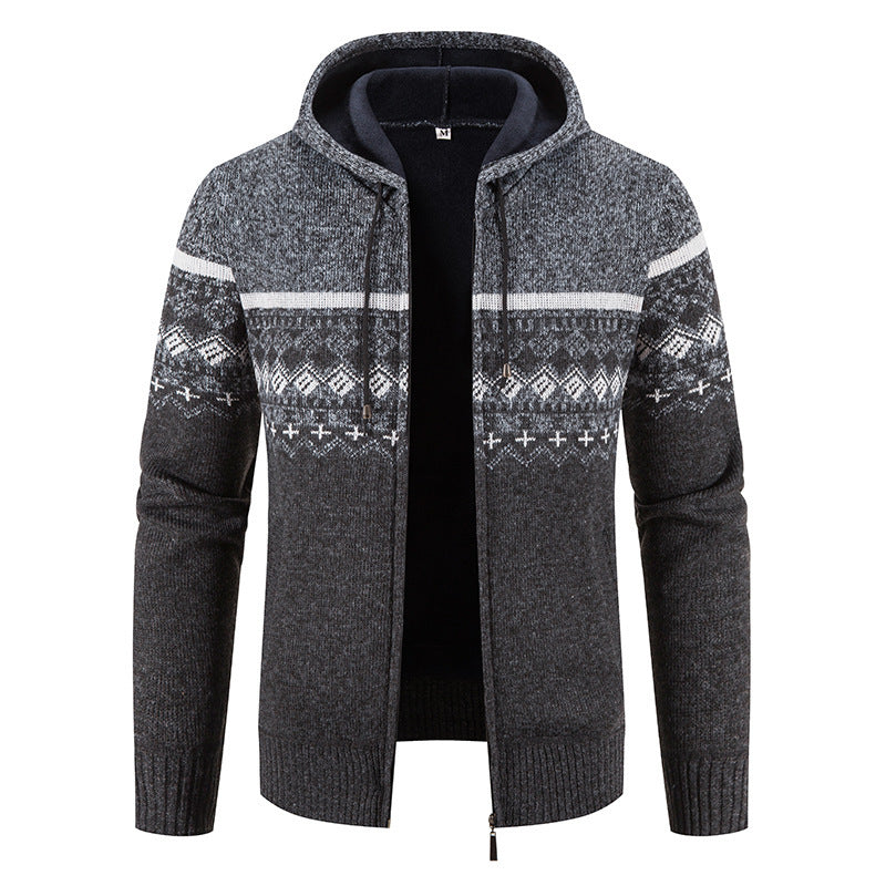 Herren nan gefütterte Strick-Zipjacke im Norwegerstil mit Kapuze und Thermofleece EB