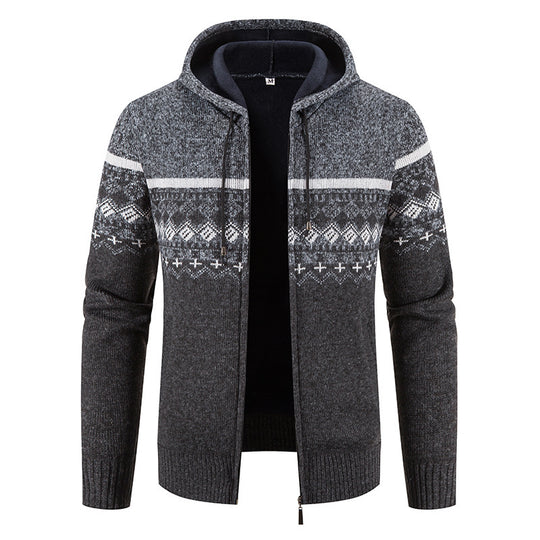 Herren nan gefütterte Strick-Zipjacke im Norwegerstil mit Kapuze und Thermofleece EB