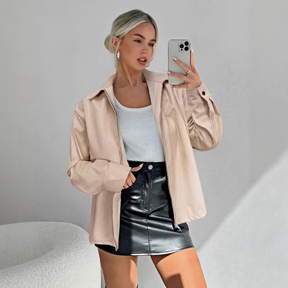 Damen leichtgewichtige Kunstlederjacke mit modernem Reißverschluss EB