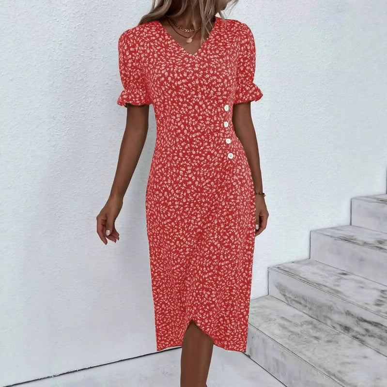 Damen Midikleid mit floralen Mustern und schmeichelndem V-Ausschnitt EB