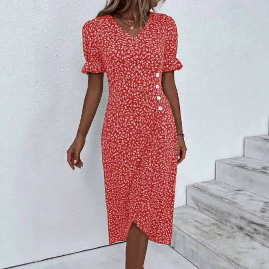 Damen Midikleid mit floralen Mustern und schmeichelndem V-Ausschnitt EB