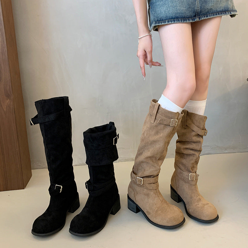 Damen hohe Stiefel mit modischen Schnallen und bequemem Blockabsatz EB
