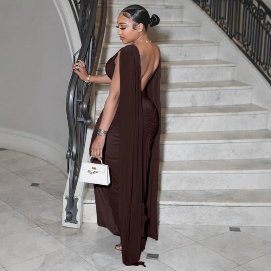 Damen Elegantes Maxikleid mit Raffungen und transparenten Ärmeln EB