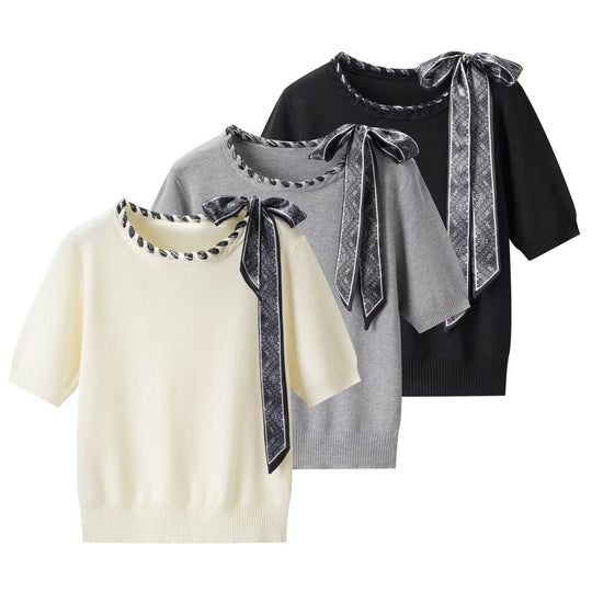 Damen Kurzarmpullover mit dekorativem Halsband und stylischem Schleifendetail EB