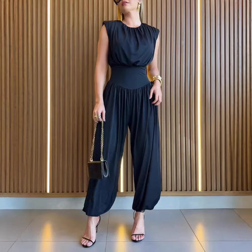 Damen modischer Jumpsuit mit elastischem Taillenbund und innovativem Schnitt EB