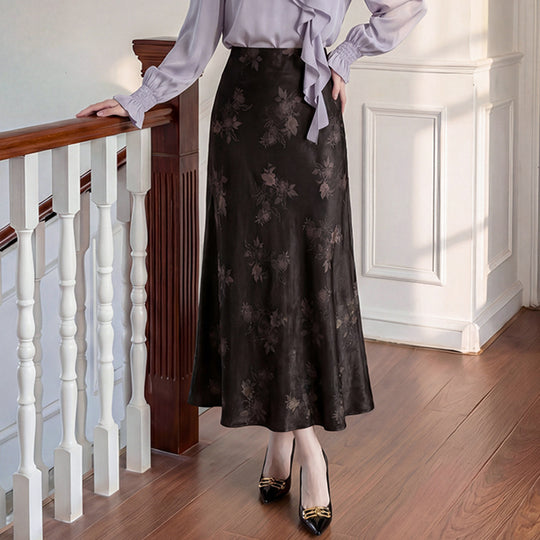 Damen  taillenhoher A-Linien-Midirock aus jacquardähnischem Satin mit floralem Relief EB