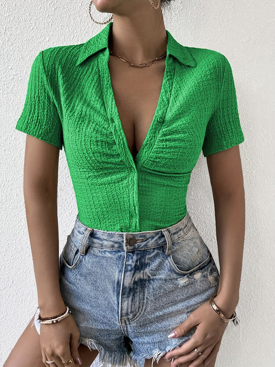 Damen Kurzarm Bluse mit strukturiertem Material und V-Ausschnitt EB