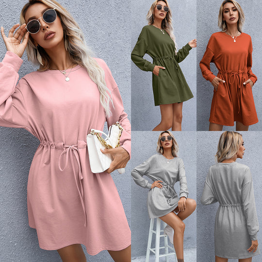 Damen lässiges Sweatshirt-Kleid mit praktischer Taillenschnürung und seitlichen Taschen EB