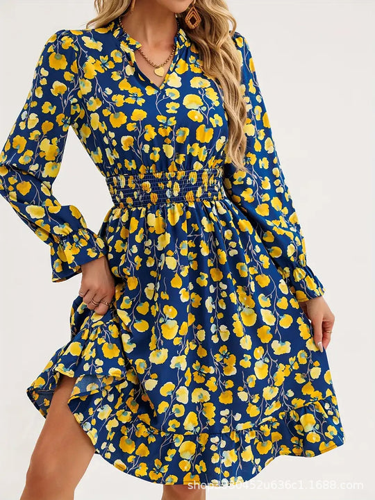 Damen Blütenmuster Mini-Kleid mit voluminösen Ärmel und elastischem Taillenbund EB