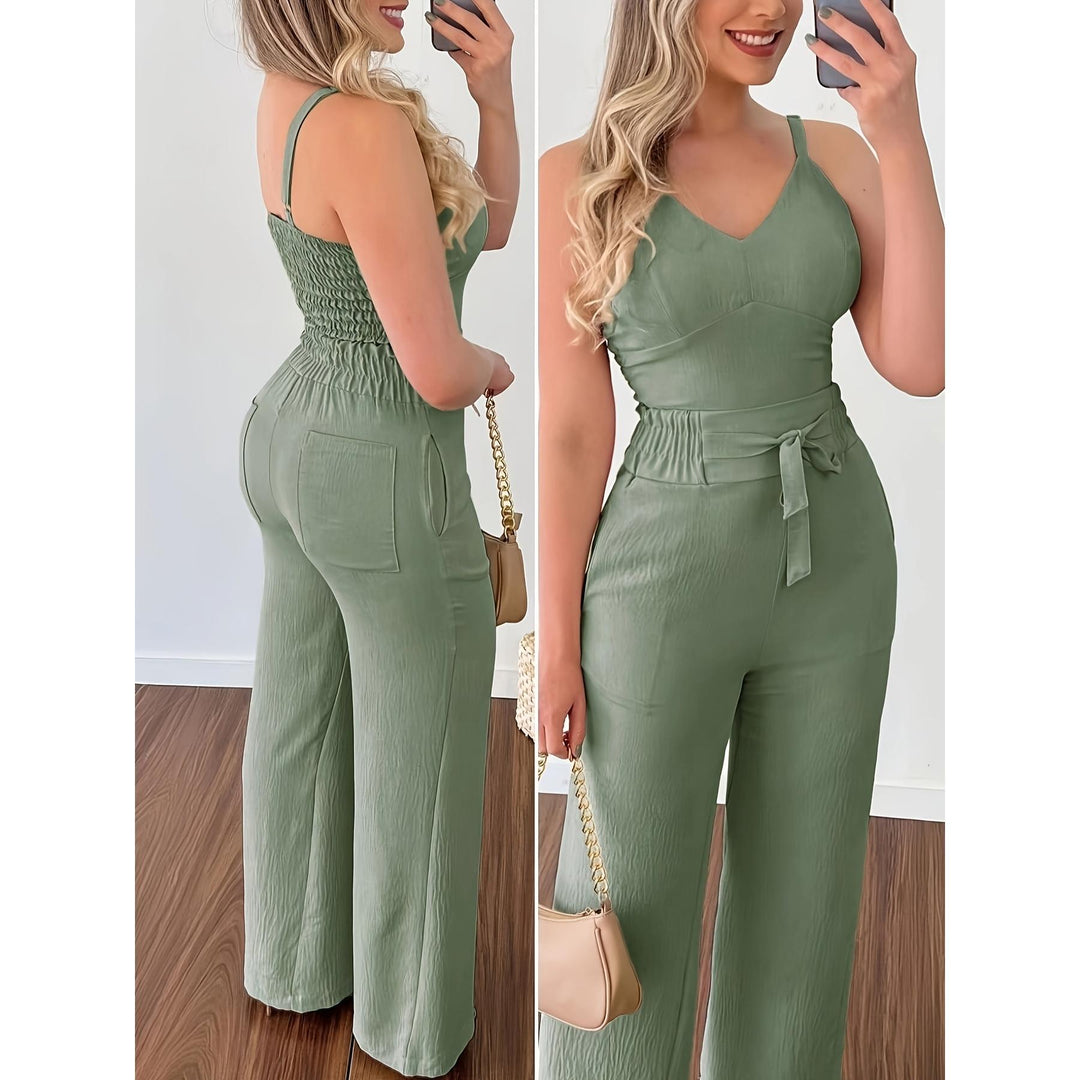 Damen eleganter Jumpsuit mit Taillengürtel und weitem Bein EB