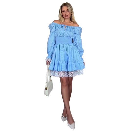 Damen Off-Shoulder Kleid mit voluminösen Rüschendetails und Spitzenbesatz EB