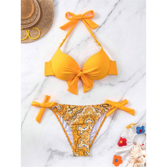 Damen Bikini-Set mit modischen Bindebändern und herausgearbeitetem Muster EB