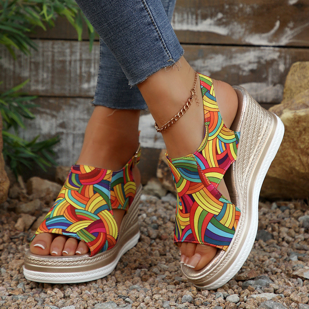 Damen Wedge-Sandalen mit buntem geometrischem Muster EB