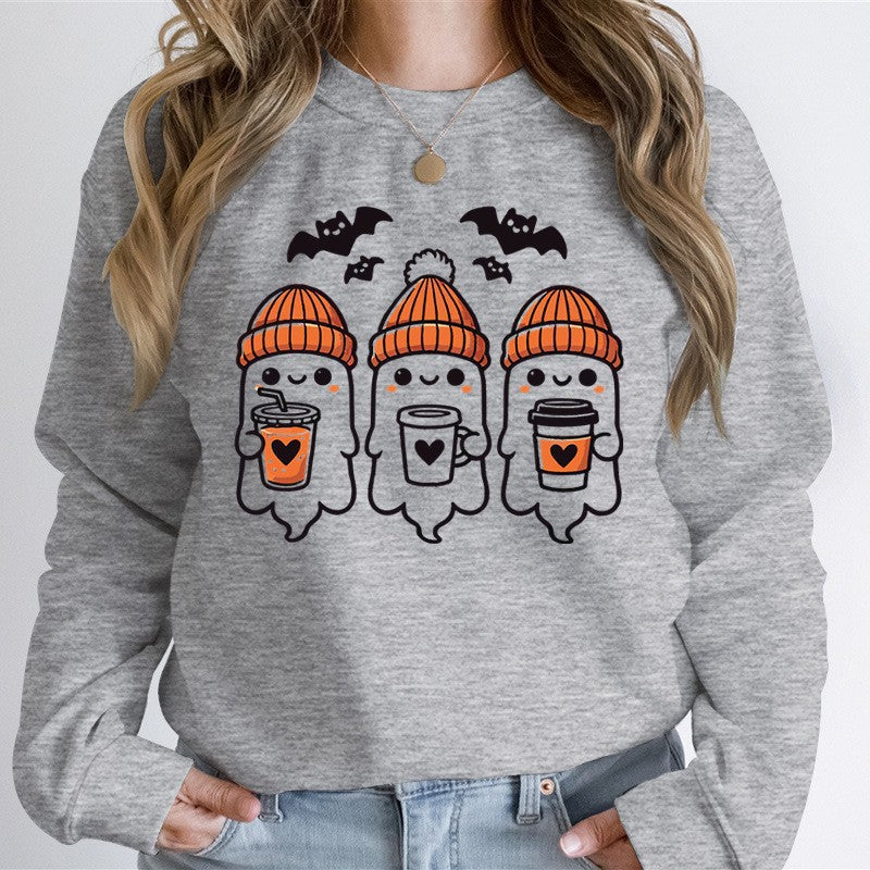 Damen nan gemütlicher Halloween Grafikpullover mit niedlichen Geist-Motiven, Rundhalsausschnitt und weichem Baumwollmix EB