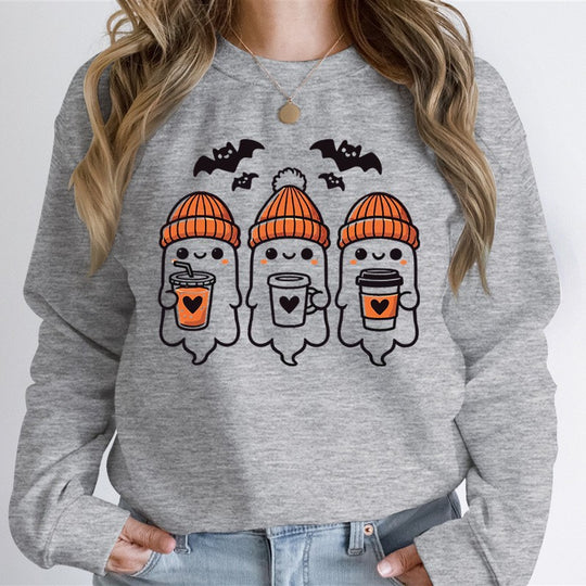 Damen nan gemütlicher Halloween Grafikpullover mit niedlichen Geist-Motiven, Rundhalsausschnitt und weichem Baumwollmix EB