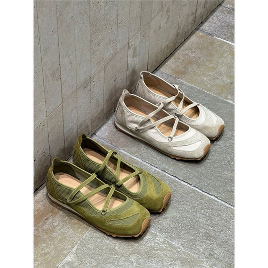 Damen Ballerina-Slipper mit Kreuzriemchen, Wildleder- und Krokostruktur EB