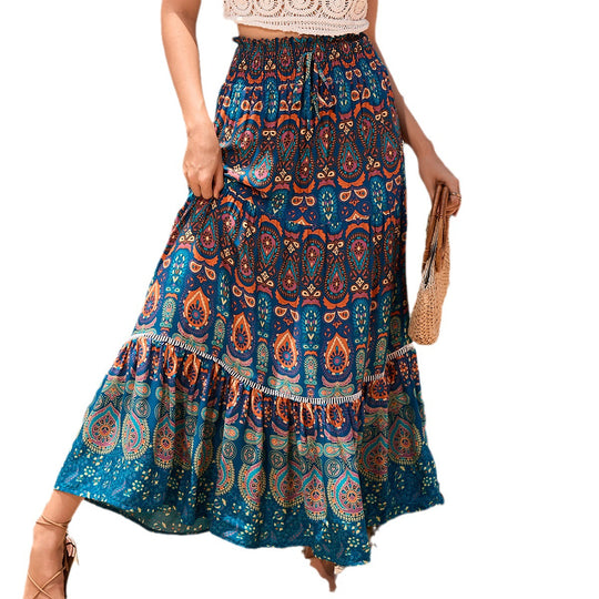 Damen Maxirock mit voluminösem Saum und buntem Muster EB