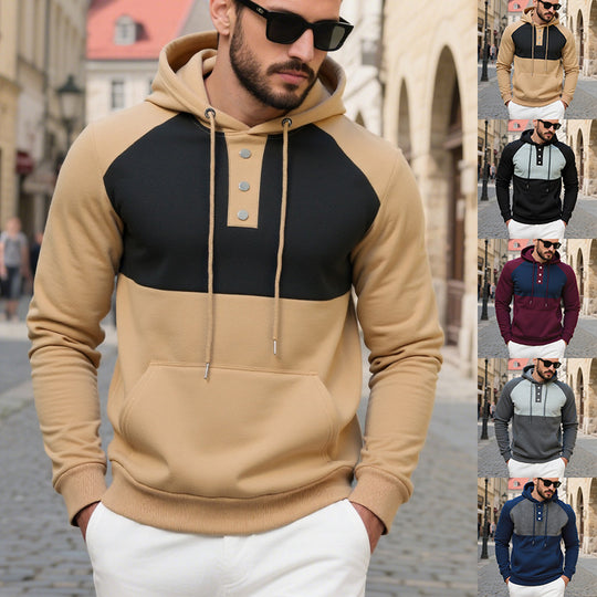 Herren Kapuzensweater mit modernem Henley-Ausschnitt und kontrastierenden Ärmeln EB