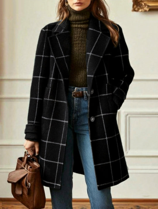 Damen nan karierter Wollmix Mantel mit Reverskragen, aufgesetzten Taschen und taillierter Silhouette EB