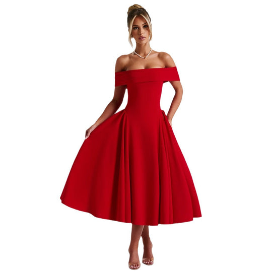 Damen Off-Shoulder Cocktailkleid mit voluminösem Rock und elegantem Trägerdesign EB