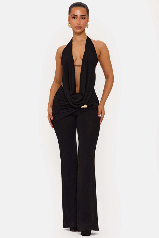 Damen elegantes, figurbetontes Jumpsuit mit tiefem Ausschnitt und weitem Bein EB
