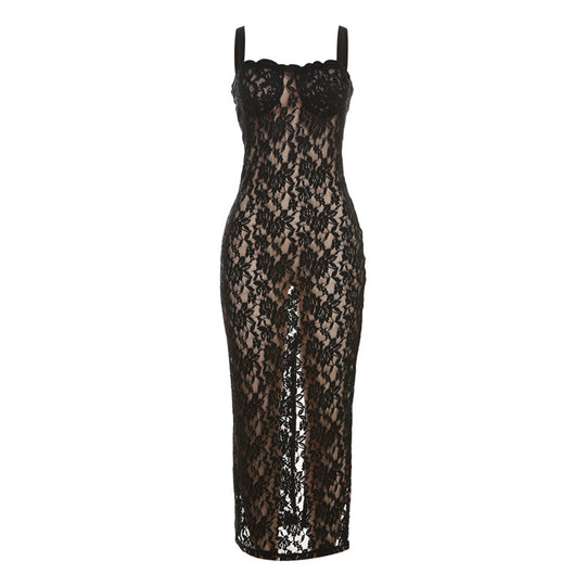 Damen Elegantes langes Spitzenkleid mit verführerischem Schlitz und Spaghettiträgern EB