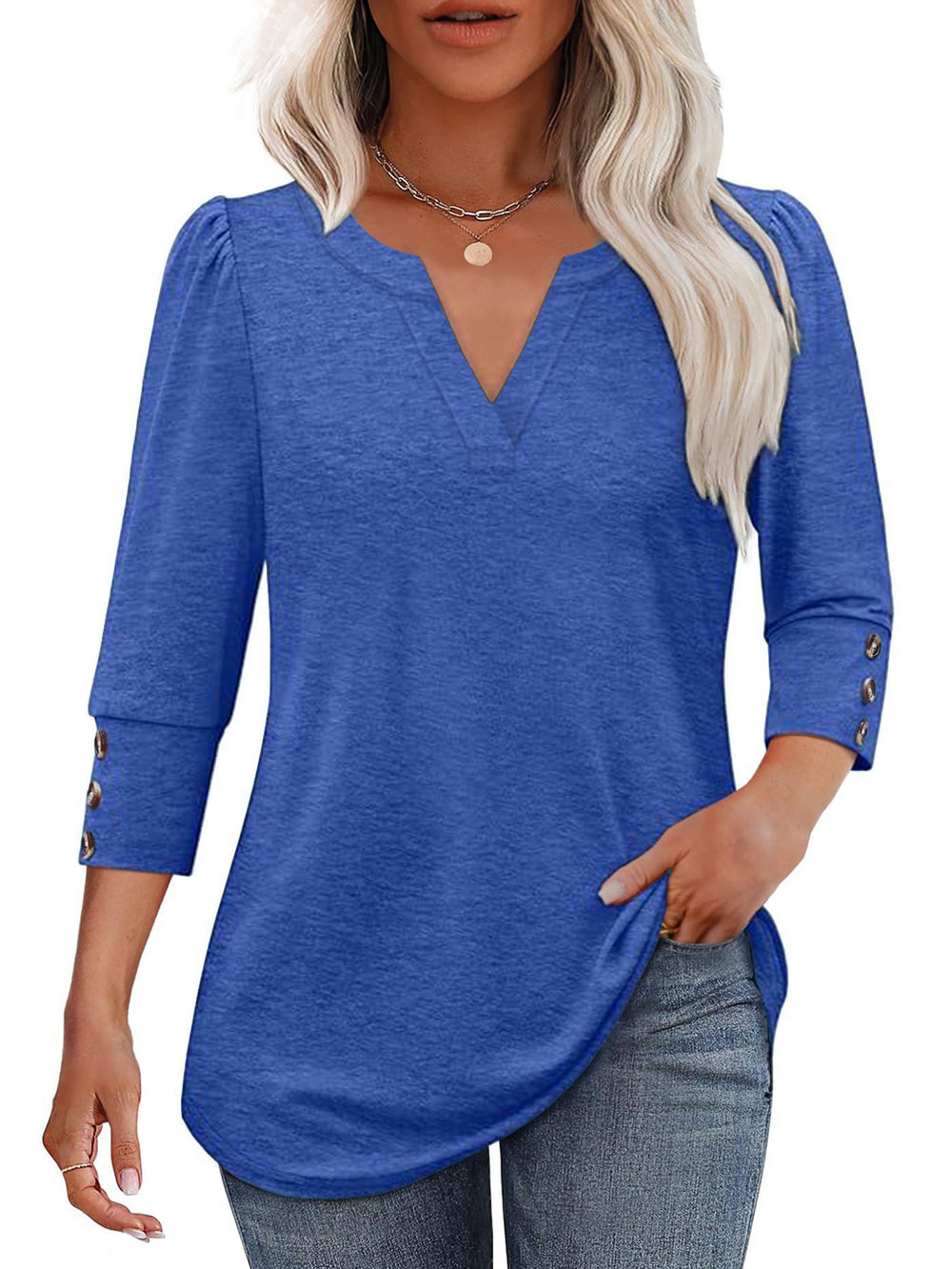 Damen V-Ausschnitt Bluse mit dekorativen Knopfdetails EB