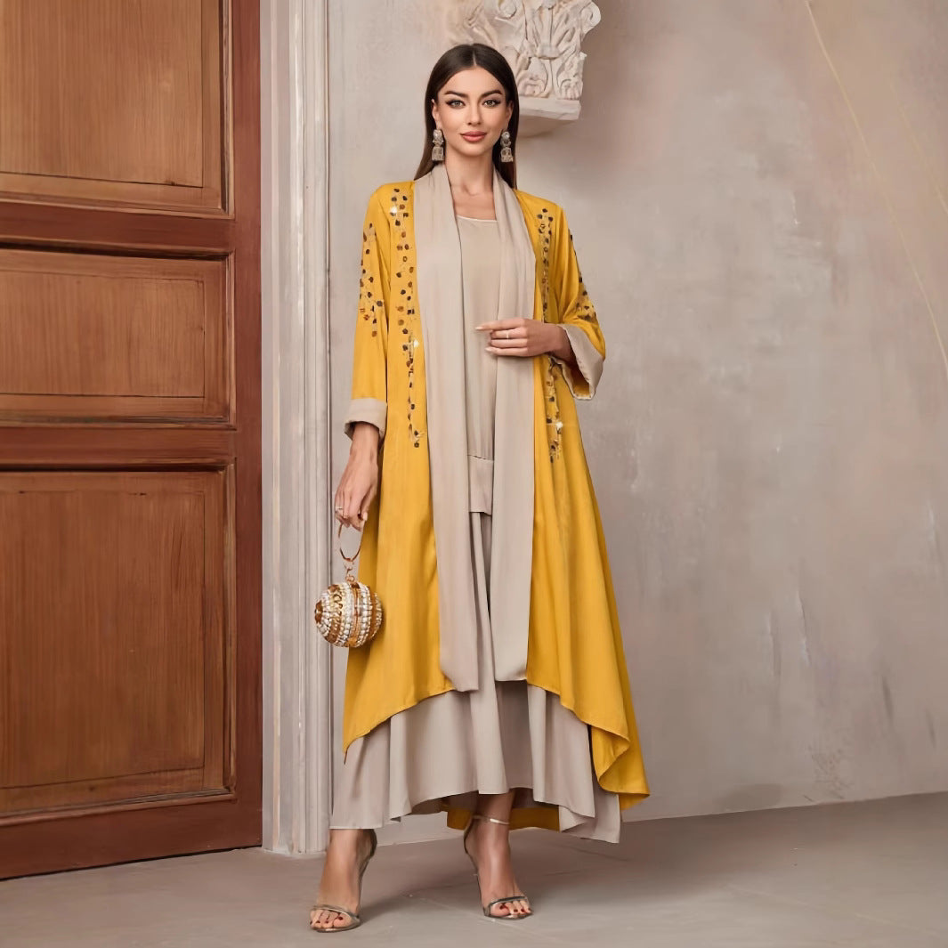 Damen Langarm-Kimono mit dekorativen Applikationen und asymmetrischem Saum EB